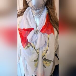Red Rose Floral Multicolor Scarf With Silver Tone Scarf Clip